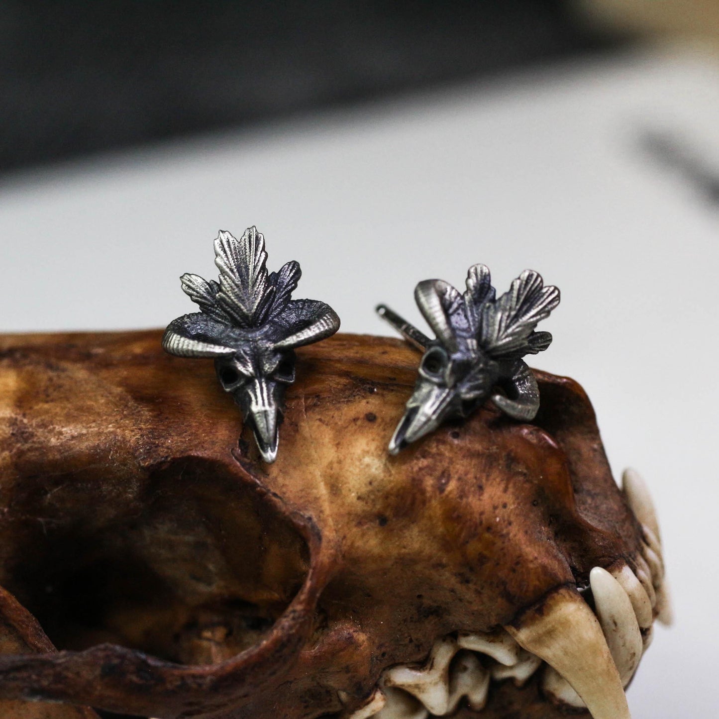 Occult Goat Skull Stud Earrings - 925 Sterling Silver Handmade
