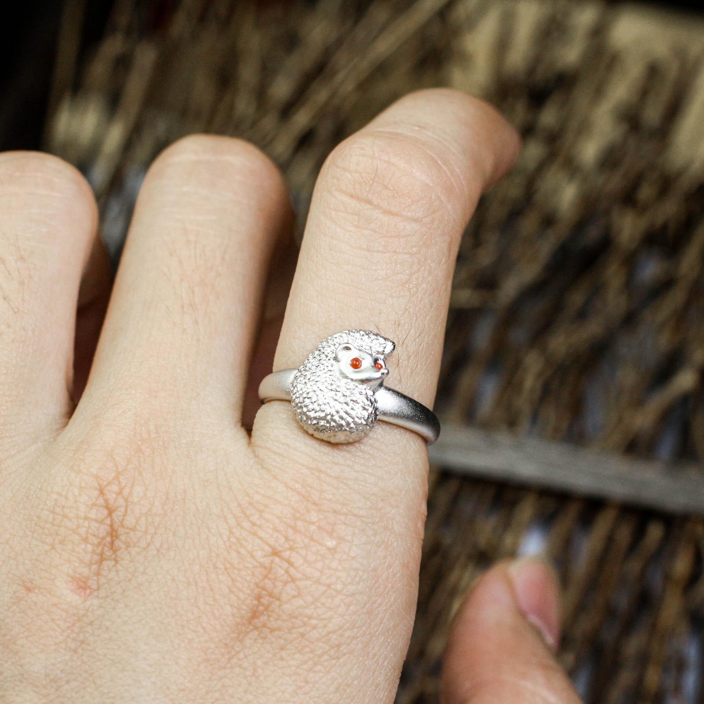 Curled Hedgehog Ring ââ‚?925 Sterling Silver Handmade Woodland Animal Jewelry