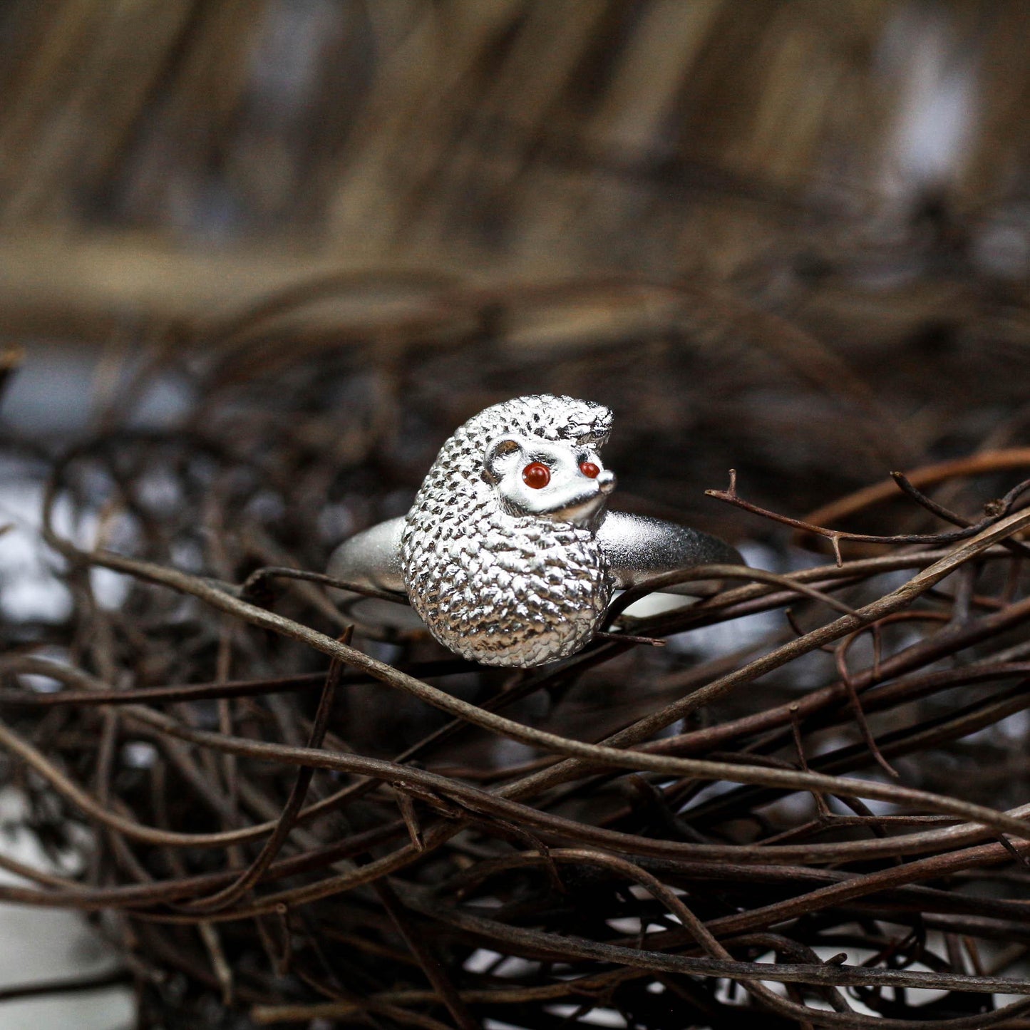 Curled Hedgehog Ring ââ‚?925 Sterling Silver Handmade Woodland Animal Jewelry