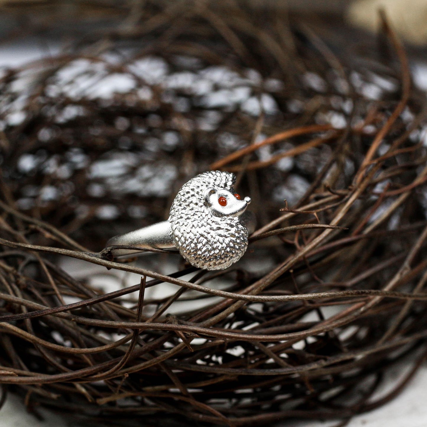 Curled Hedgehog Ring ââ‚?925 Sterling Silver Handmade Woodland Animal Jewelry