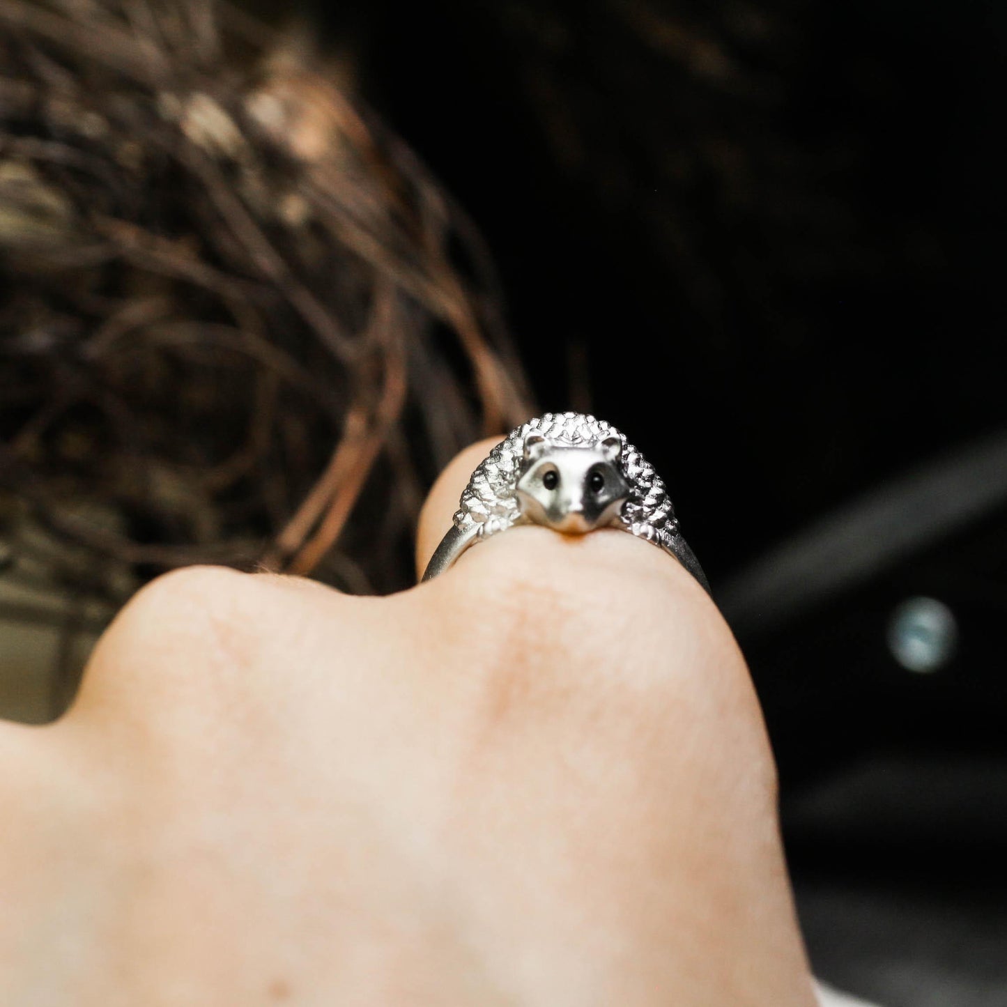 Hedgehog gem-set eye Silver Ring, Pet Jewelry for Girls, Animal Lover Gift