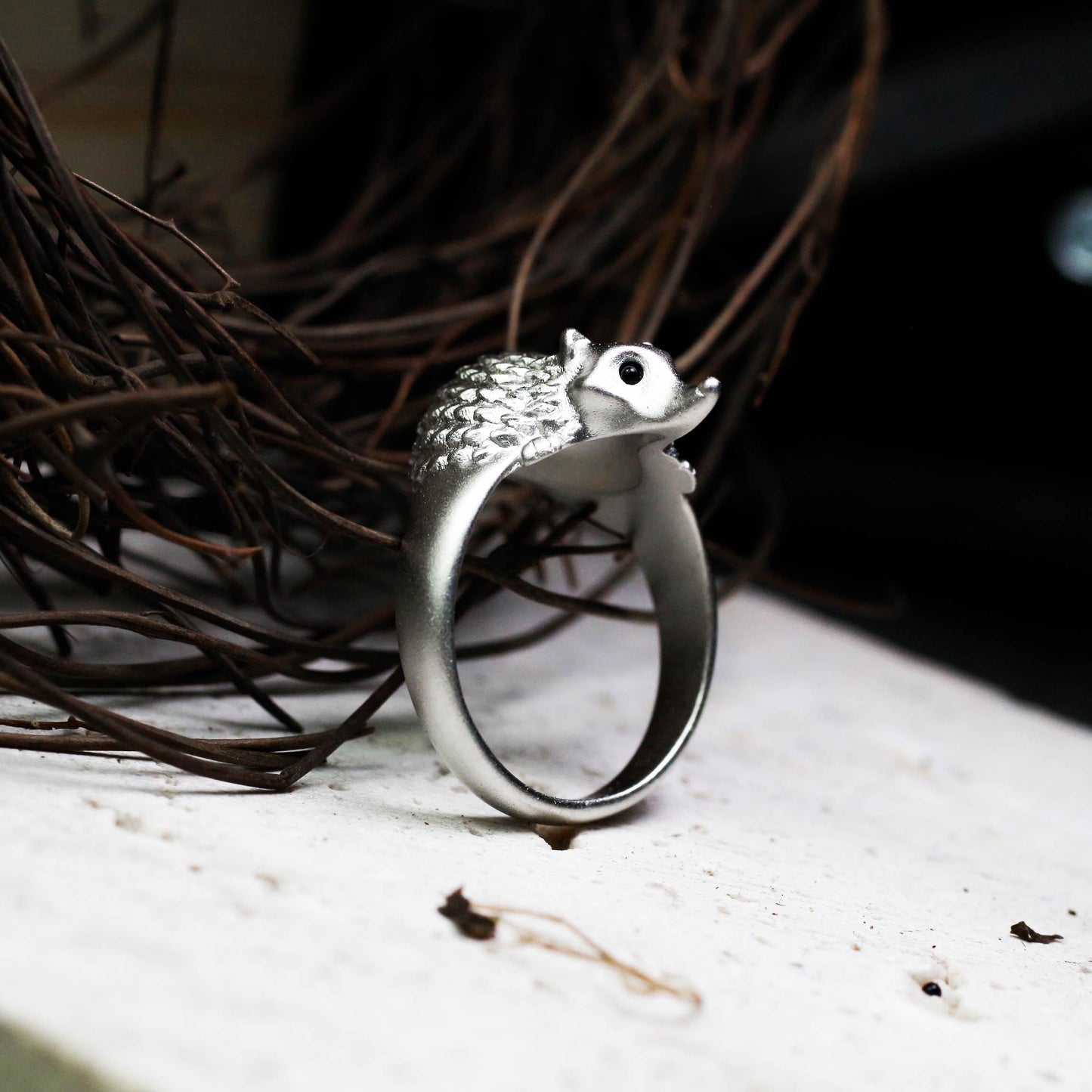 Hedgehog gem-set eye Silver Ring, Pet Jewelry for Girls, Animal Lover Gift