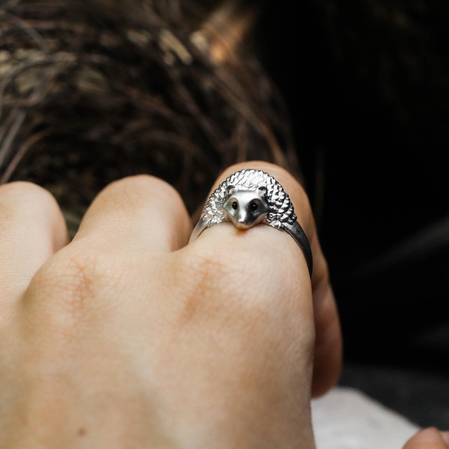 Hedgehog gem-set eye Silver Ring, Pet Jewelry for Girls, Animal Lover Gift