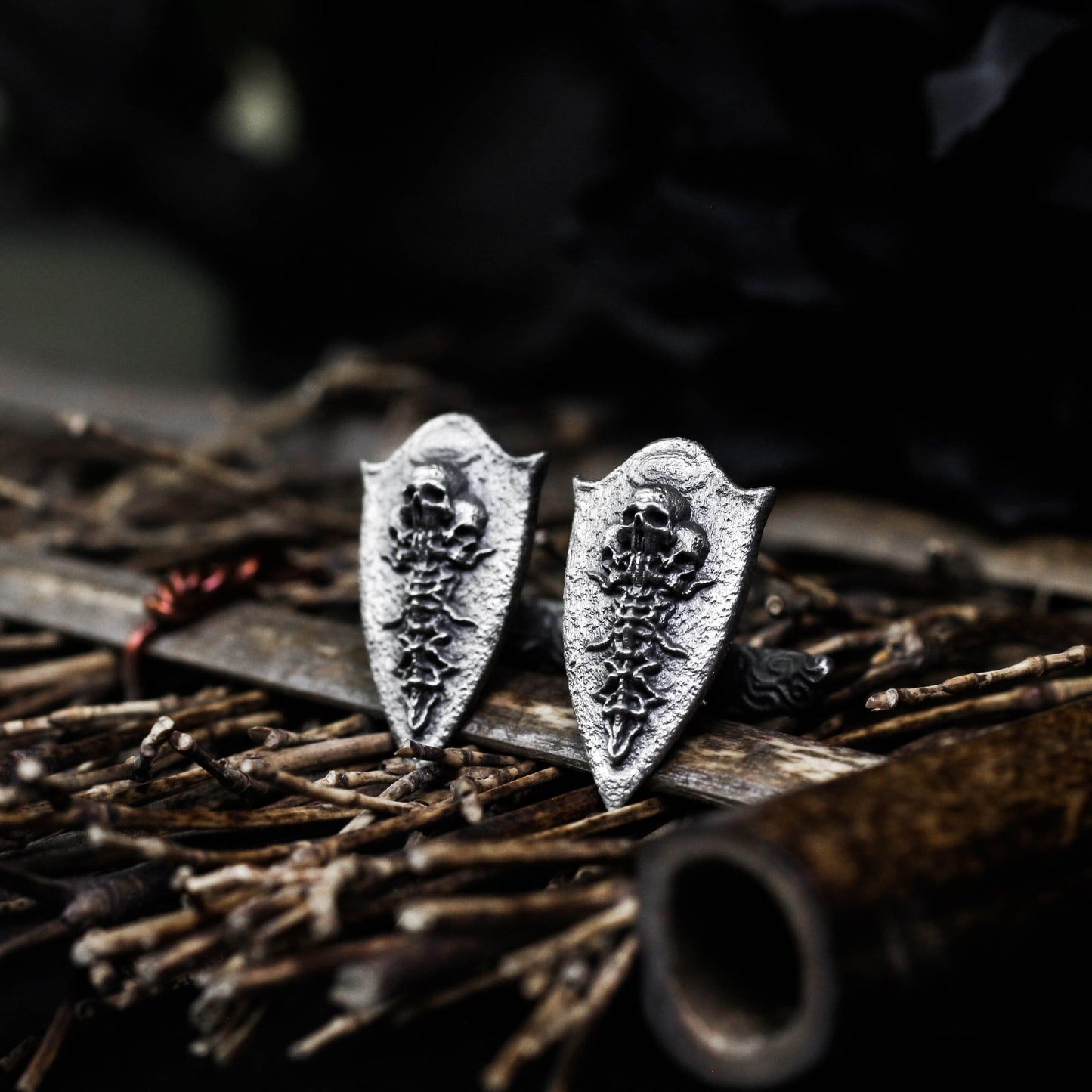 Skeleton Vertebra Shield Cufflinks - Handmade 925 Silver Gothic Wedding
