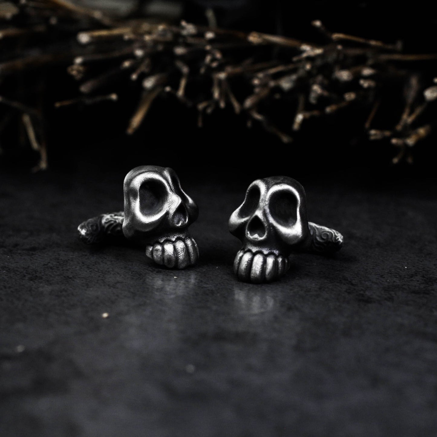 Giant Teeth Skull Cufflinks, Rune Carved - 925 Sterling Silver Handmade