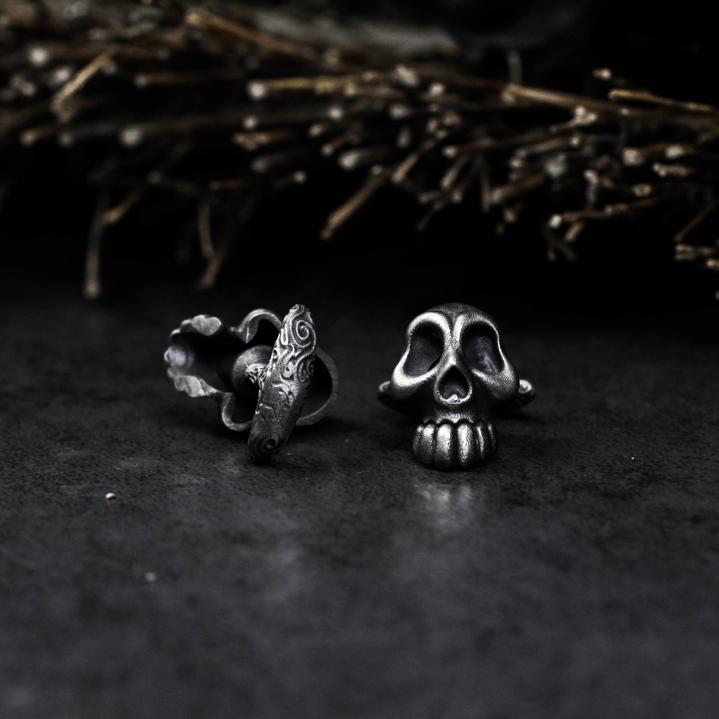 Giant Teeth Skull Cufflinks, Rune Carved - 925 Sterling Silver Handmade