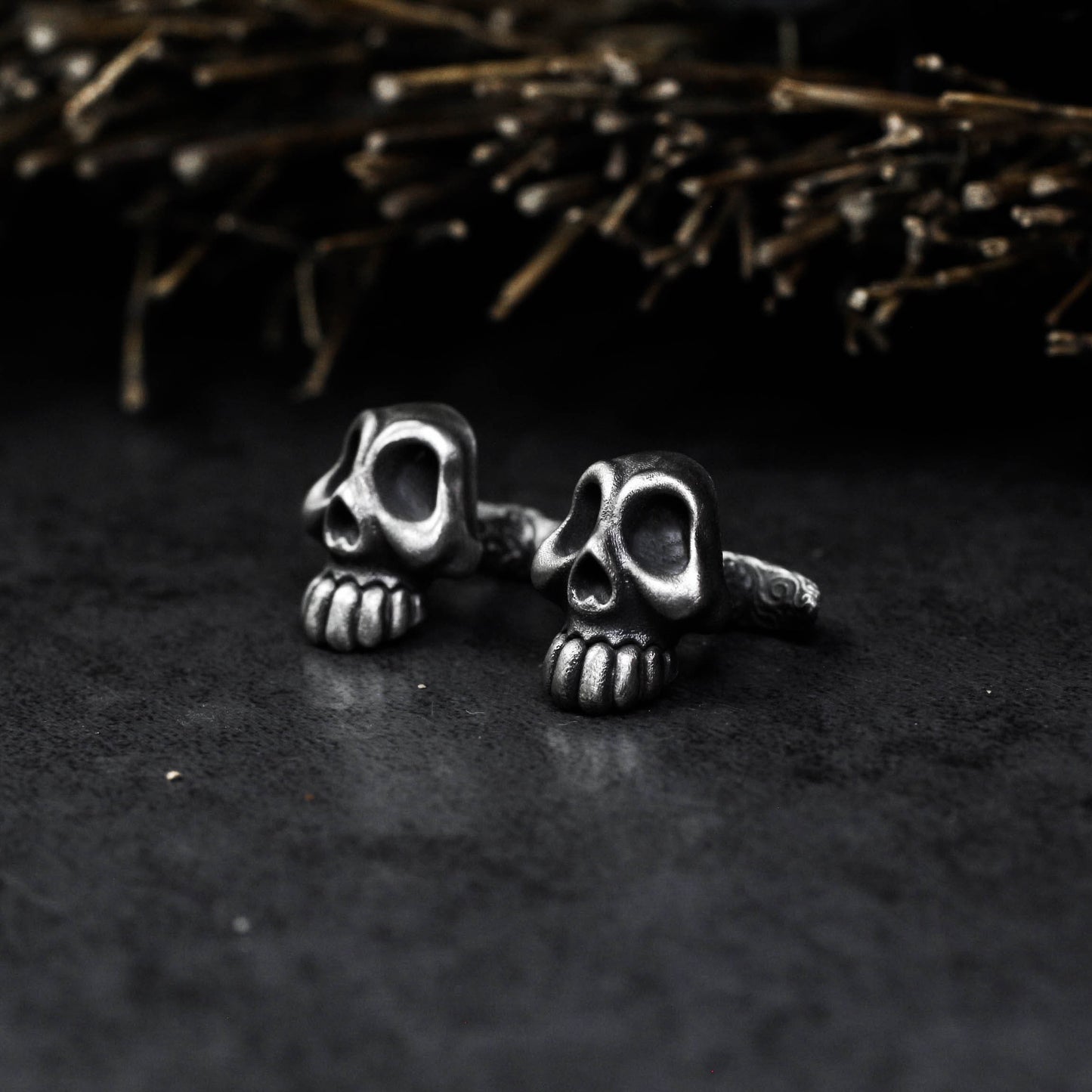 Giant Teeth Skull Cufflinks, Rune Carved - 925 Sterling Silver Handmade