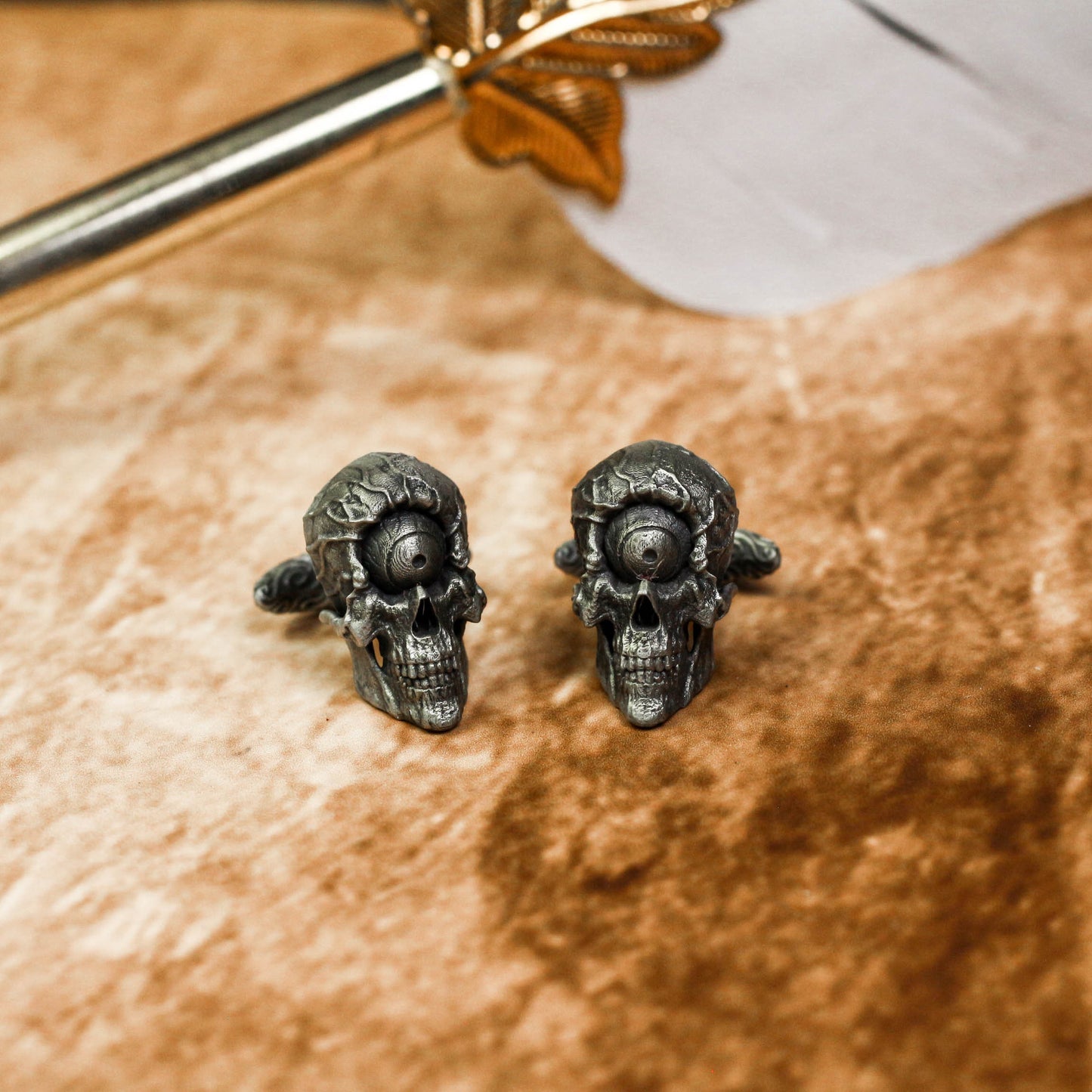 One-Eyed Skull Cufflinks, Scary Big Eyeballs - 925 Sterling Silver Handmade