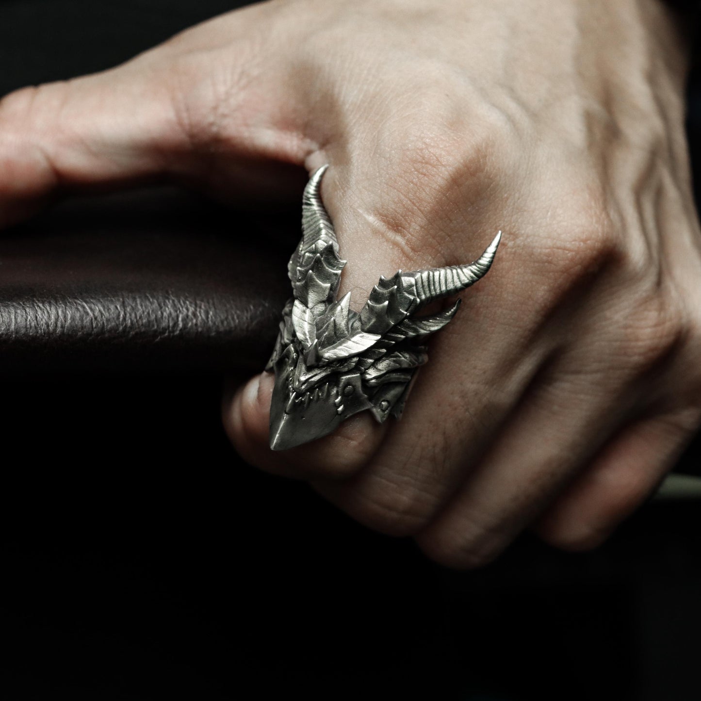 Horned Demon Ring with Gothic Carving ¨C 925 Sterling Silver Handmade