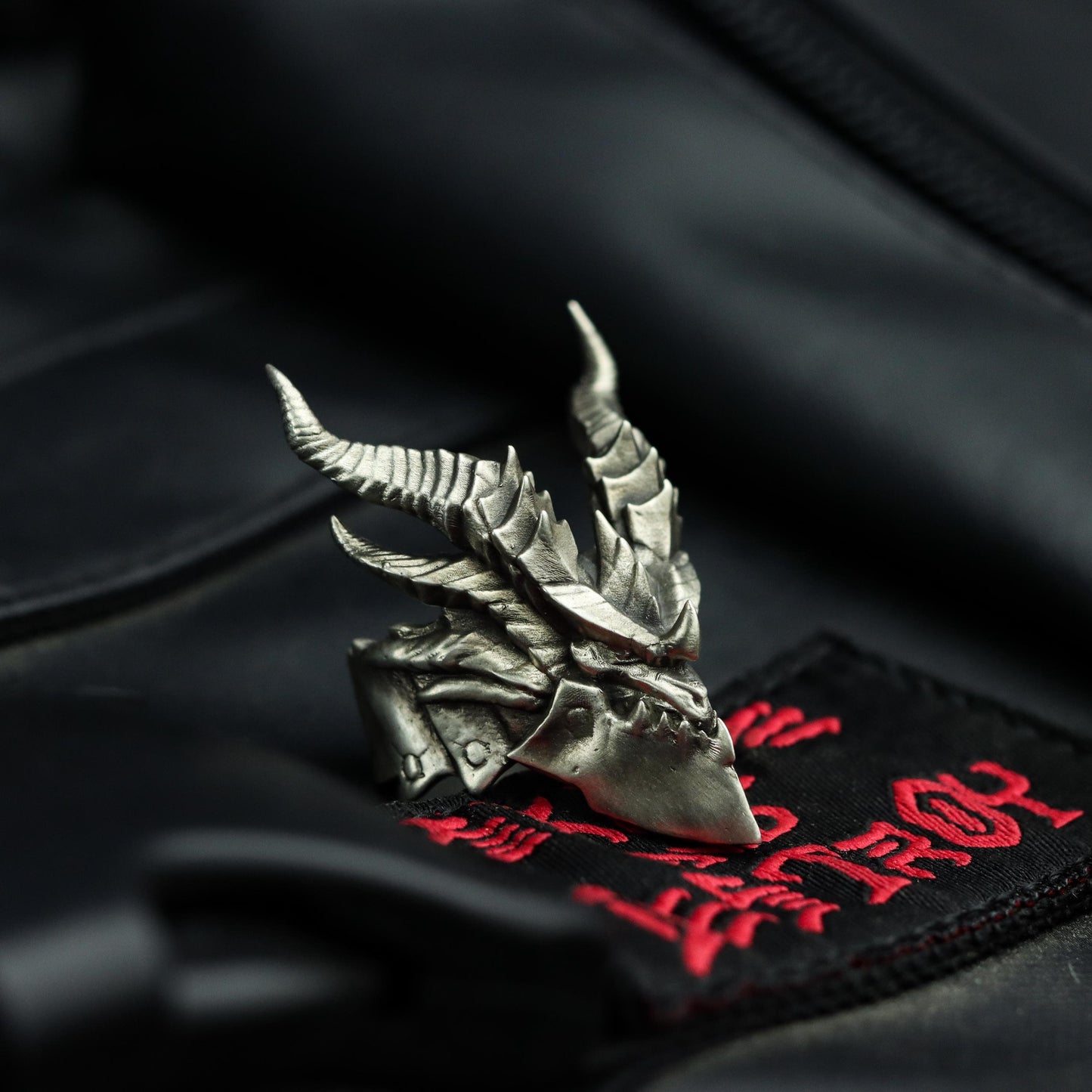 Horned Demon Ring with Gothic Carving ¨C 925 Sterling Silver Handmade