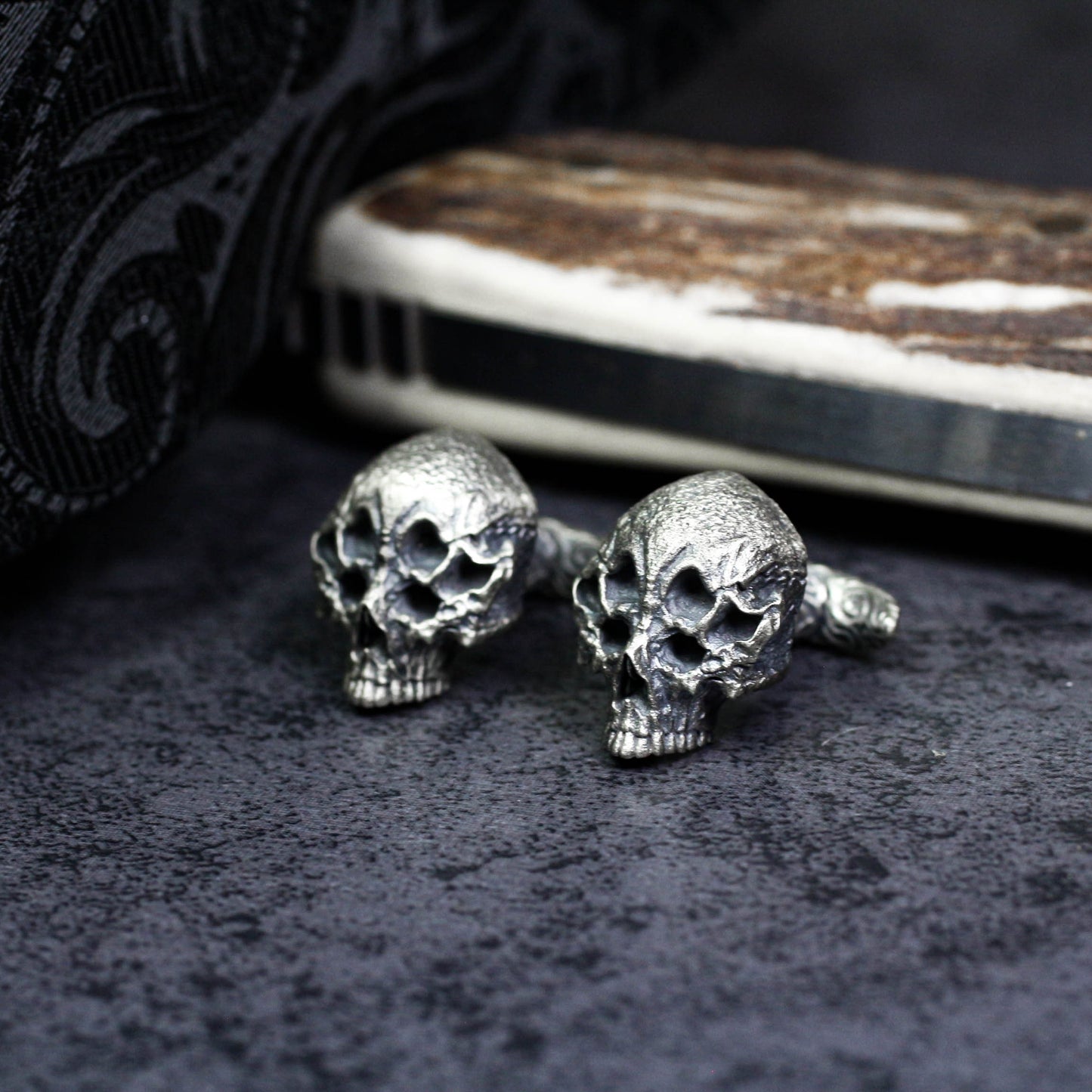 Six-Eyed Devil Half-Skull Cufflinks - 925 Silver Handmade