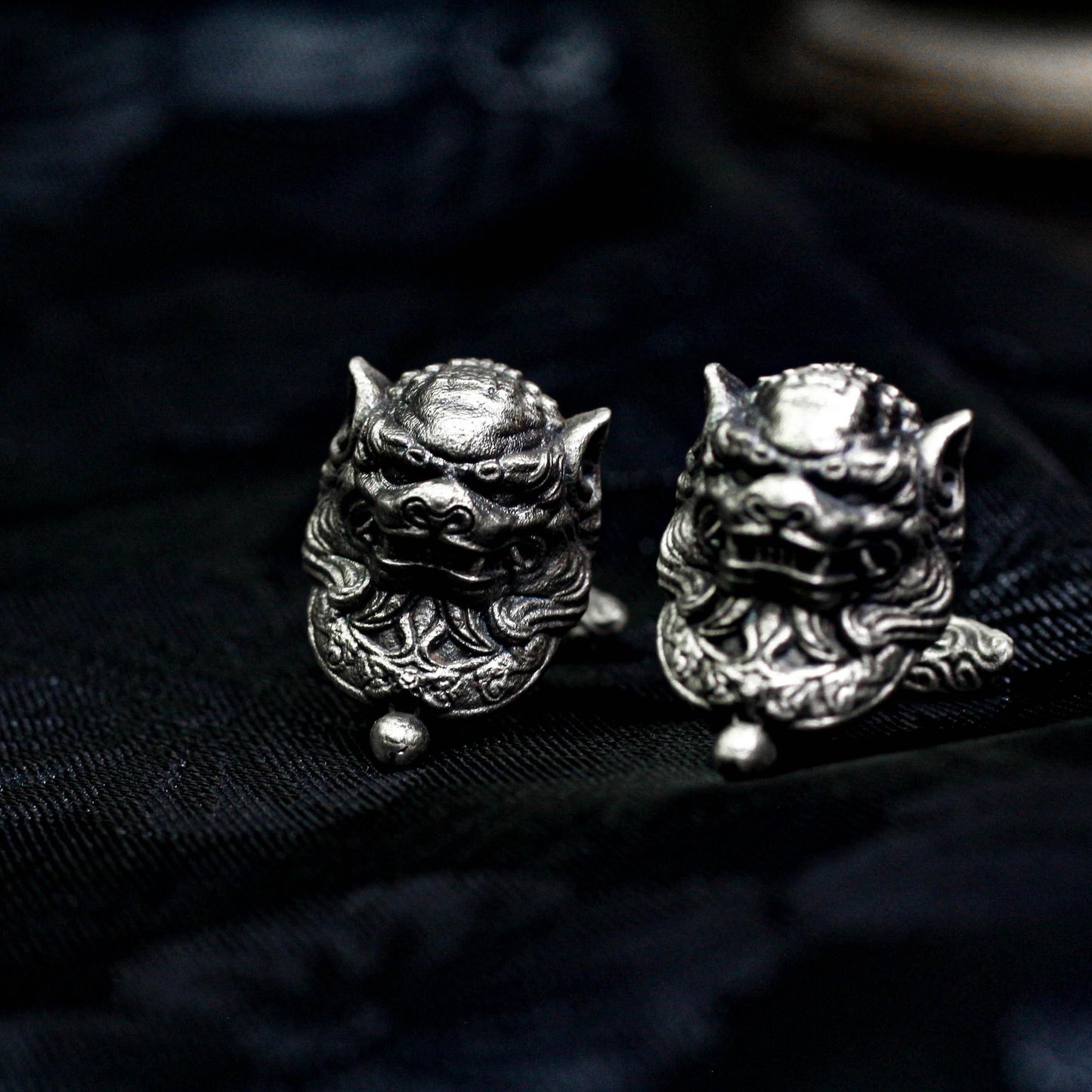 Tang Lion Head Cufflinks, Pixiu Amulet - 925 Sterling Silver Handmade