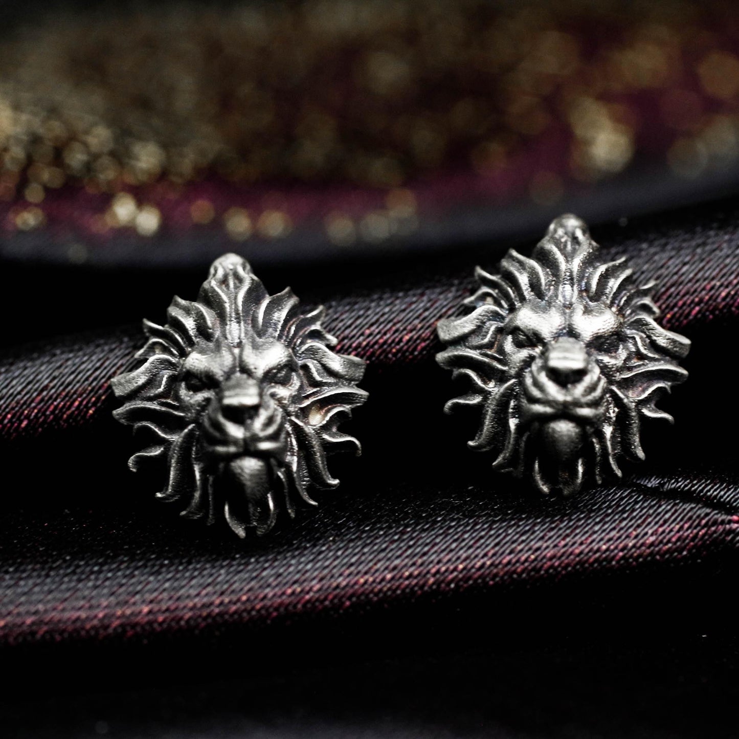 Lion Head Stud Earrings - 925 Sterling Silver Handmade Gothic Style