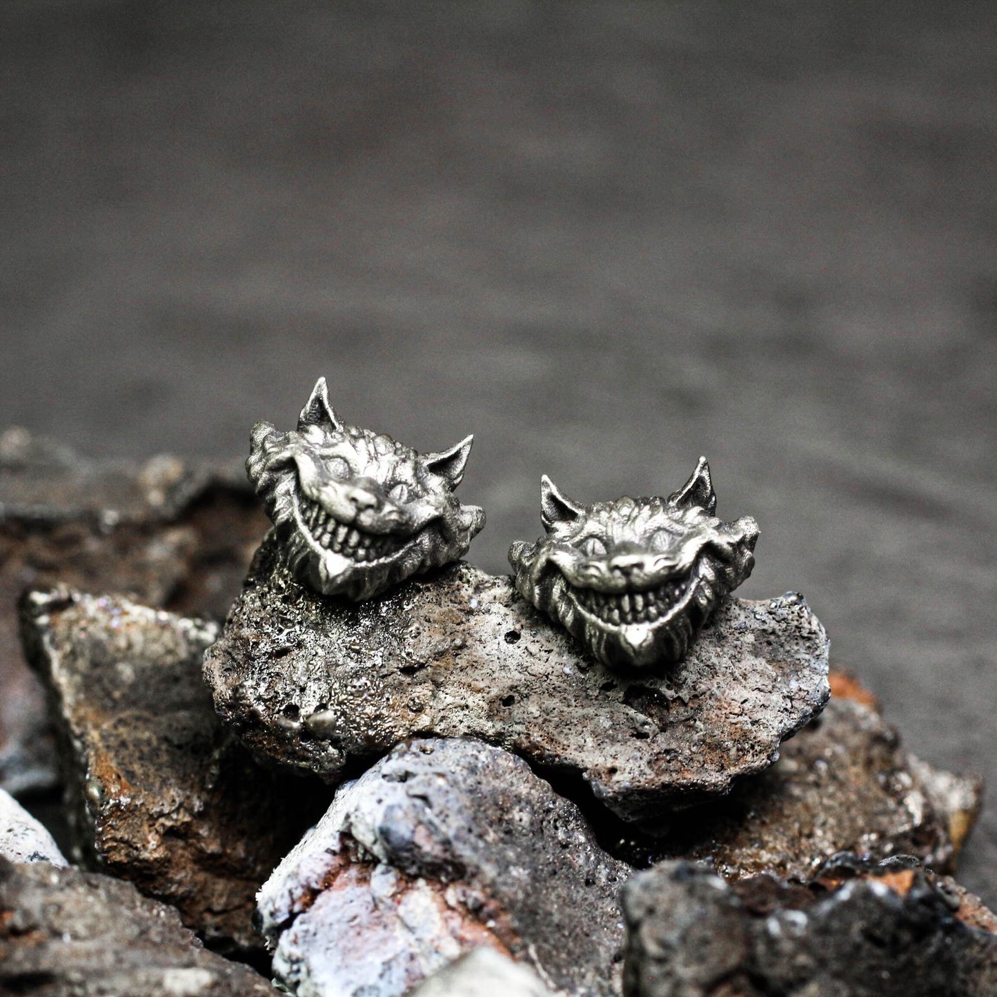 Creepy Cat Stud Earrings - 925 Sterling Silver Handmade Gothic Style