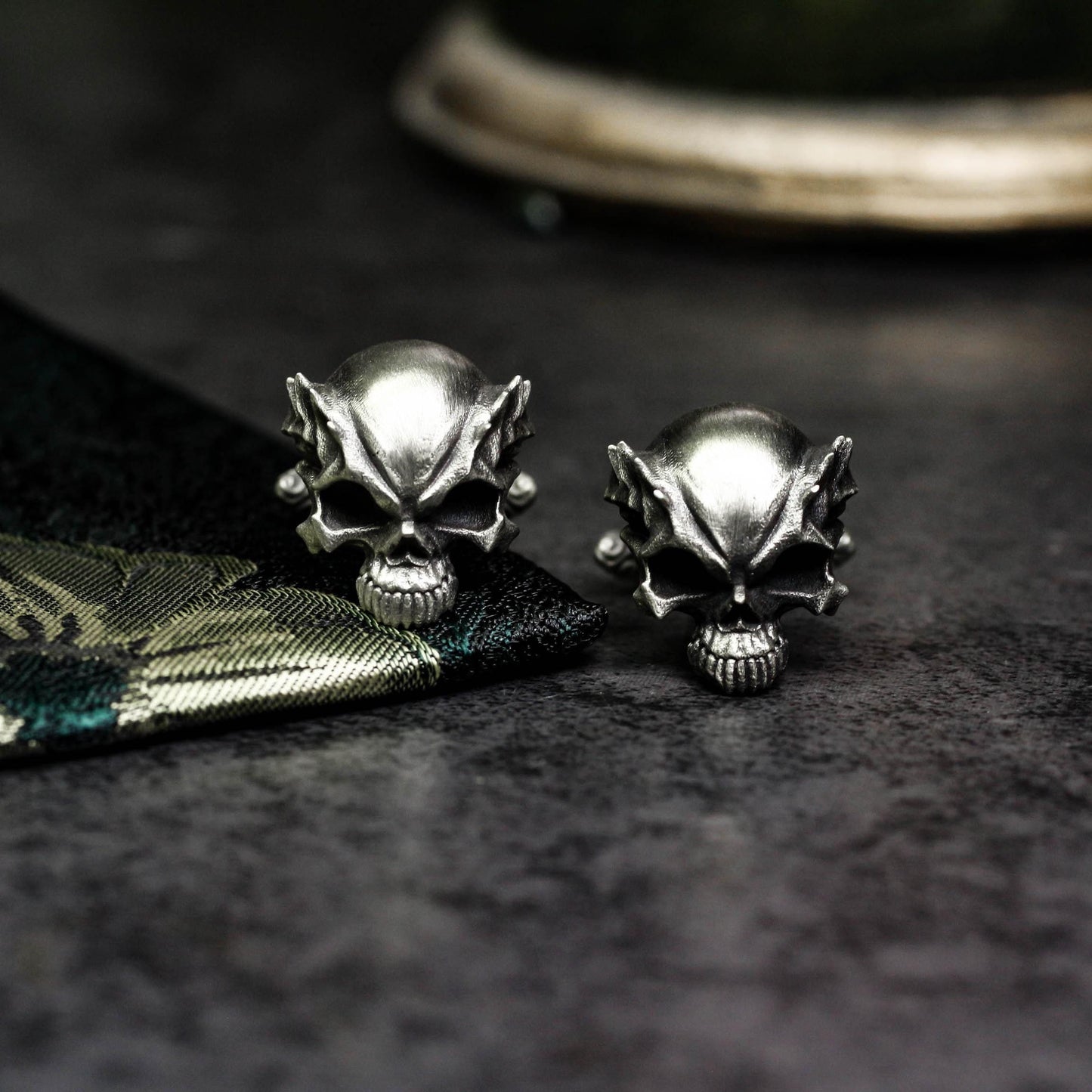 Mutant Half-Skull Dragon Horn Cufflinks - 925 Sterling Silver Handmade