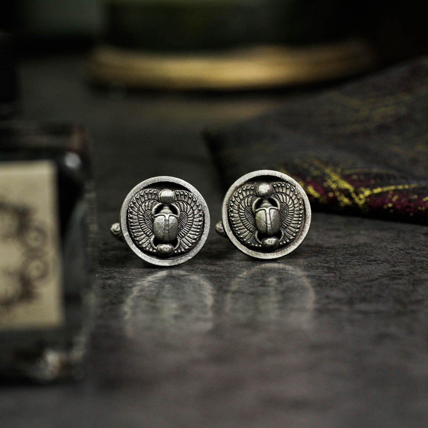 Saint Beetle Cufflinks, Egyptian Scarab - 925 Sterling Silver Handmade