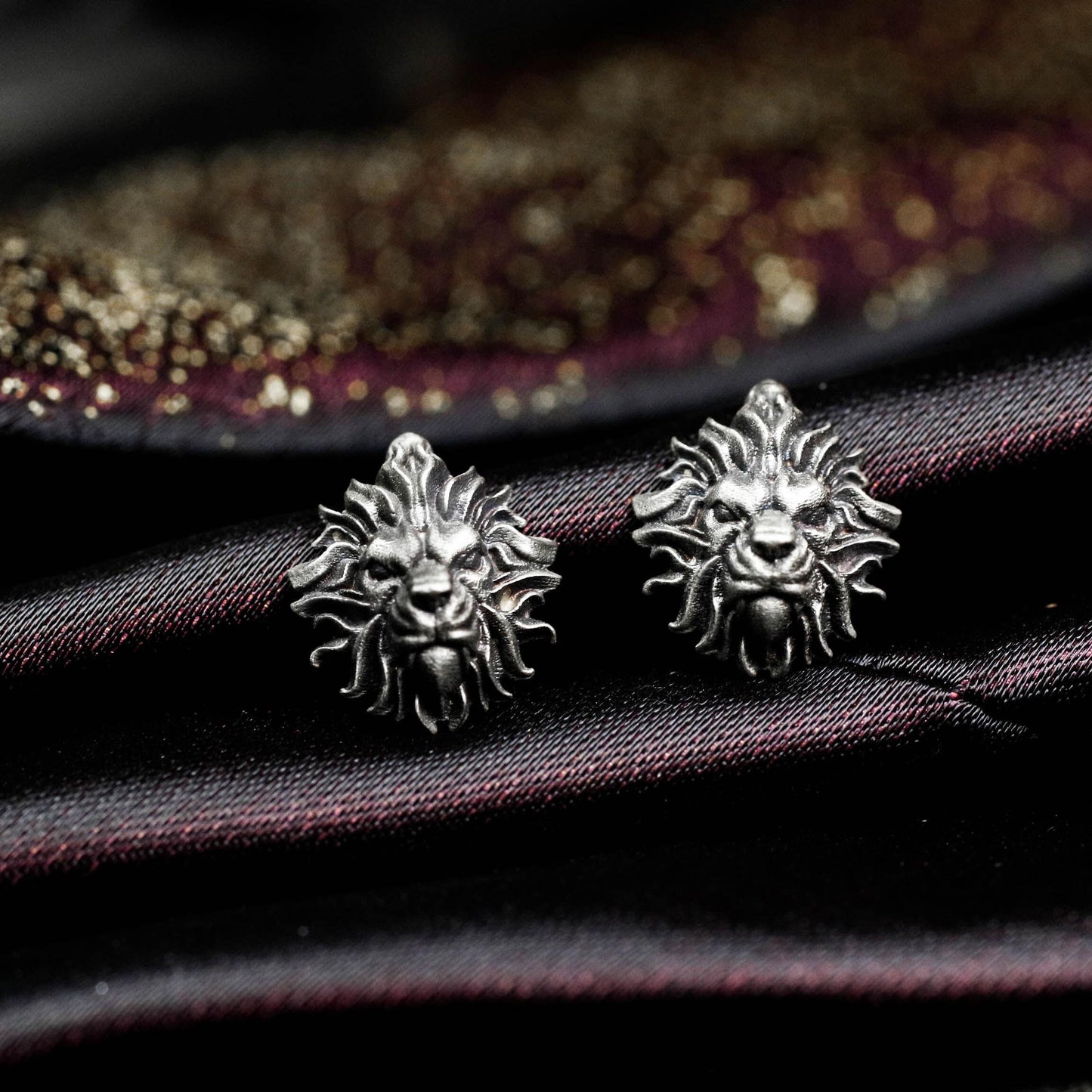Lion Head Stud Earrings - 925 Sterling Silver Handmade Gothic Style