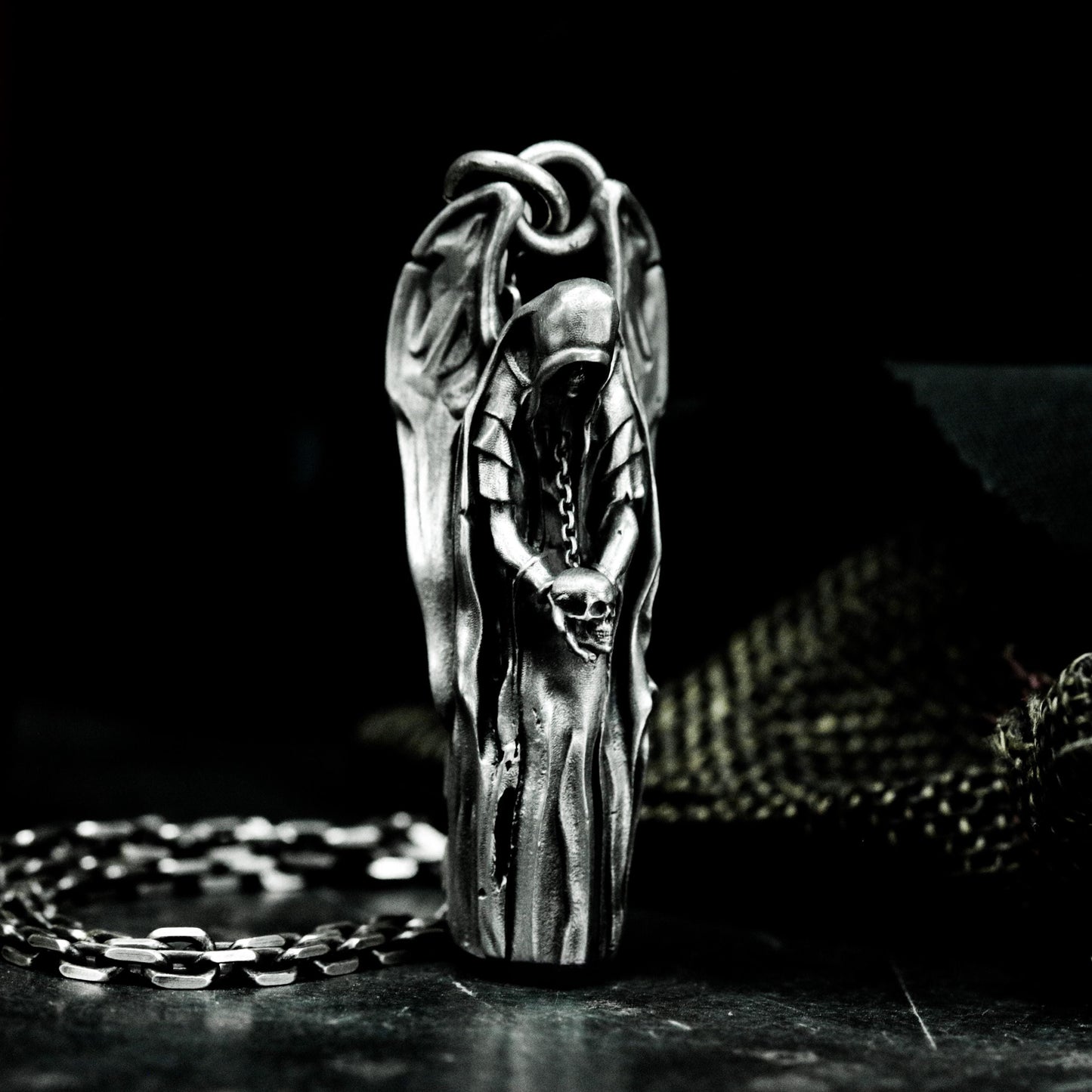 Winged Grim Reaper Pendant - 925 Sterling Silver Handmade