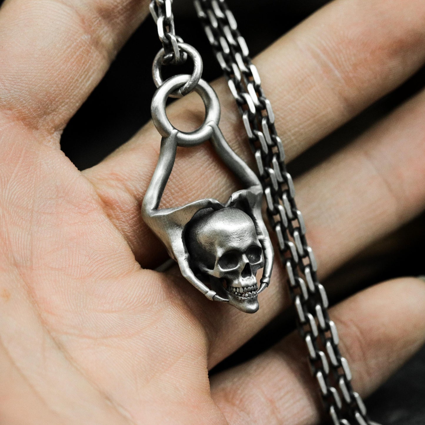 Hands Holding Skull Pendant - 925 Sterling Silver Handmade
