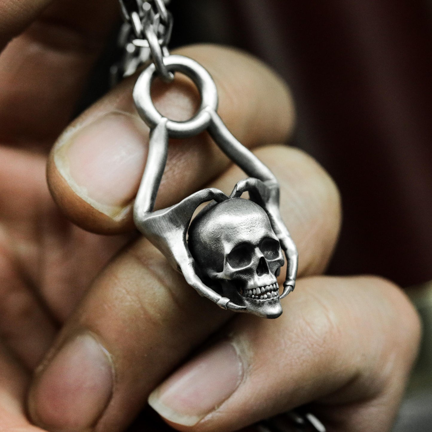 Hands Holding Skull Pendant - 925 Sterling Silver Handmade