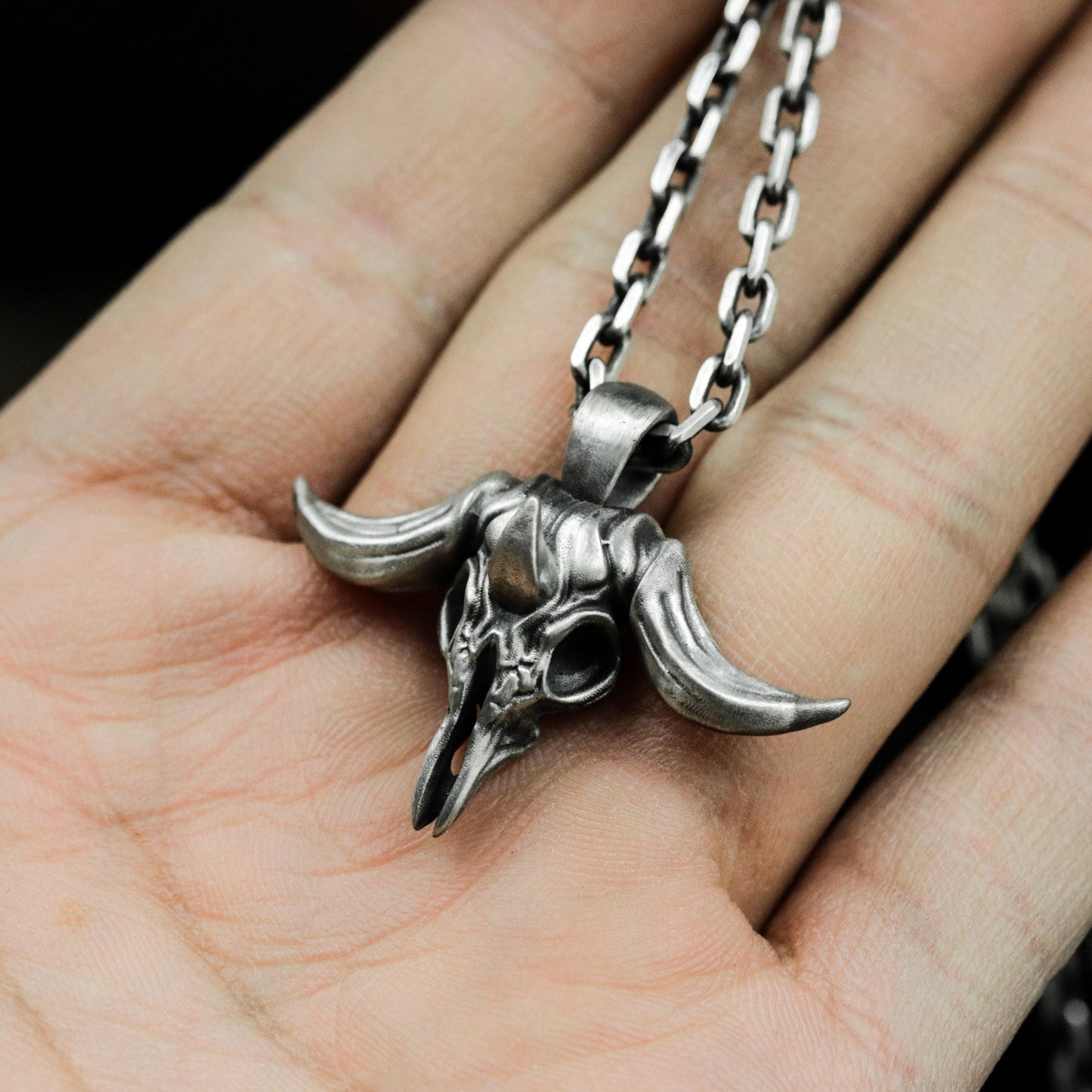 Bull Skull Pendant - 925 Sterling Silver Handmade