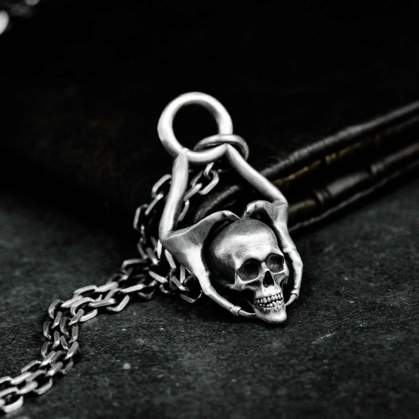 Hands Holding Skull Pendant - 925 Sterling Silver Handmade