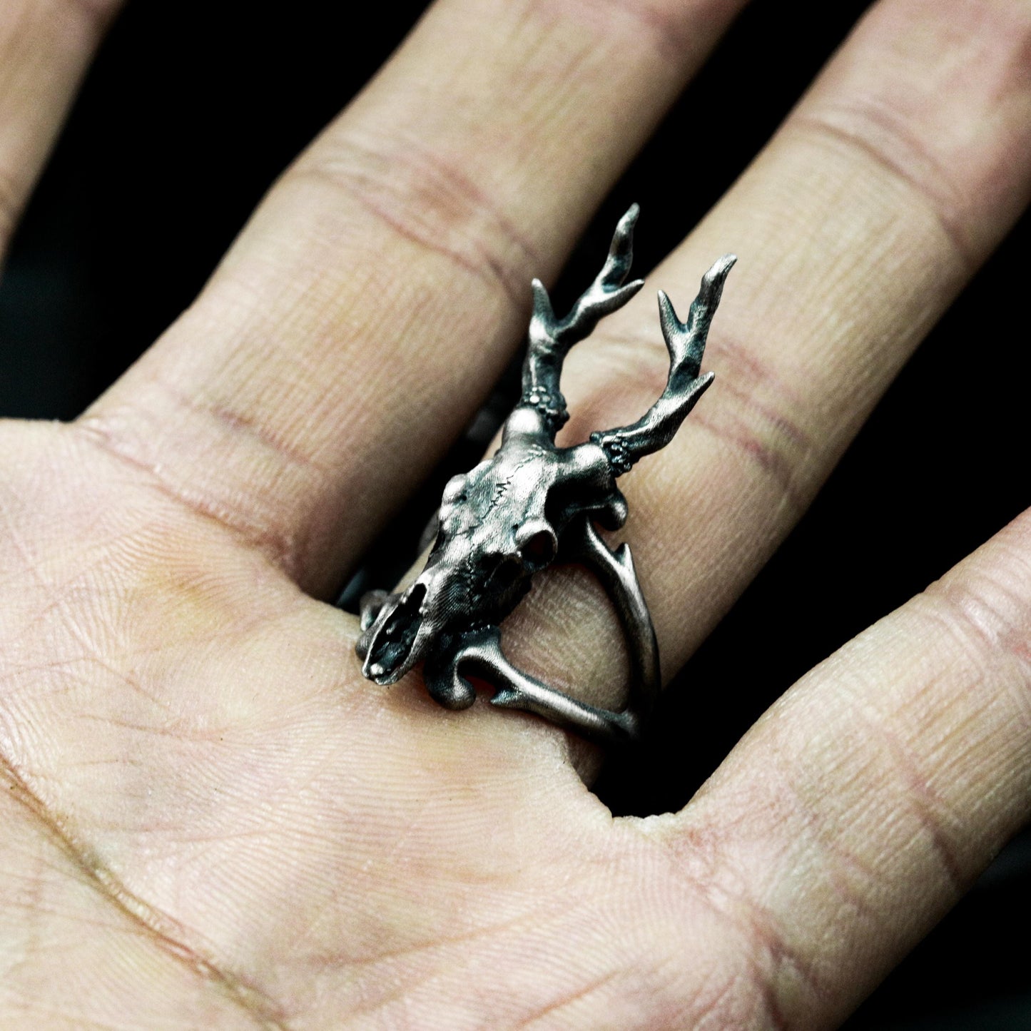 Deer Skull Ring with Antlers ¨C 925 Sterling Silver Handmade