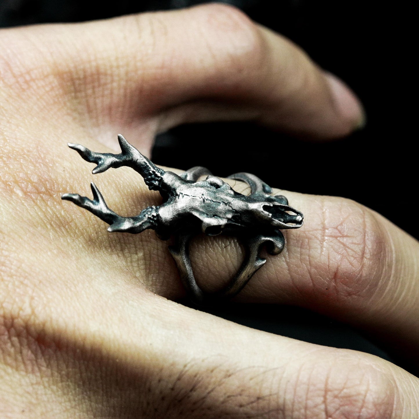 Deer Skull Ring with Antlers ¨C 925 Sterling Silver Handmade