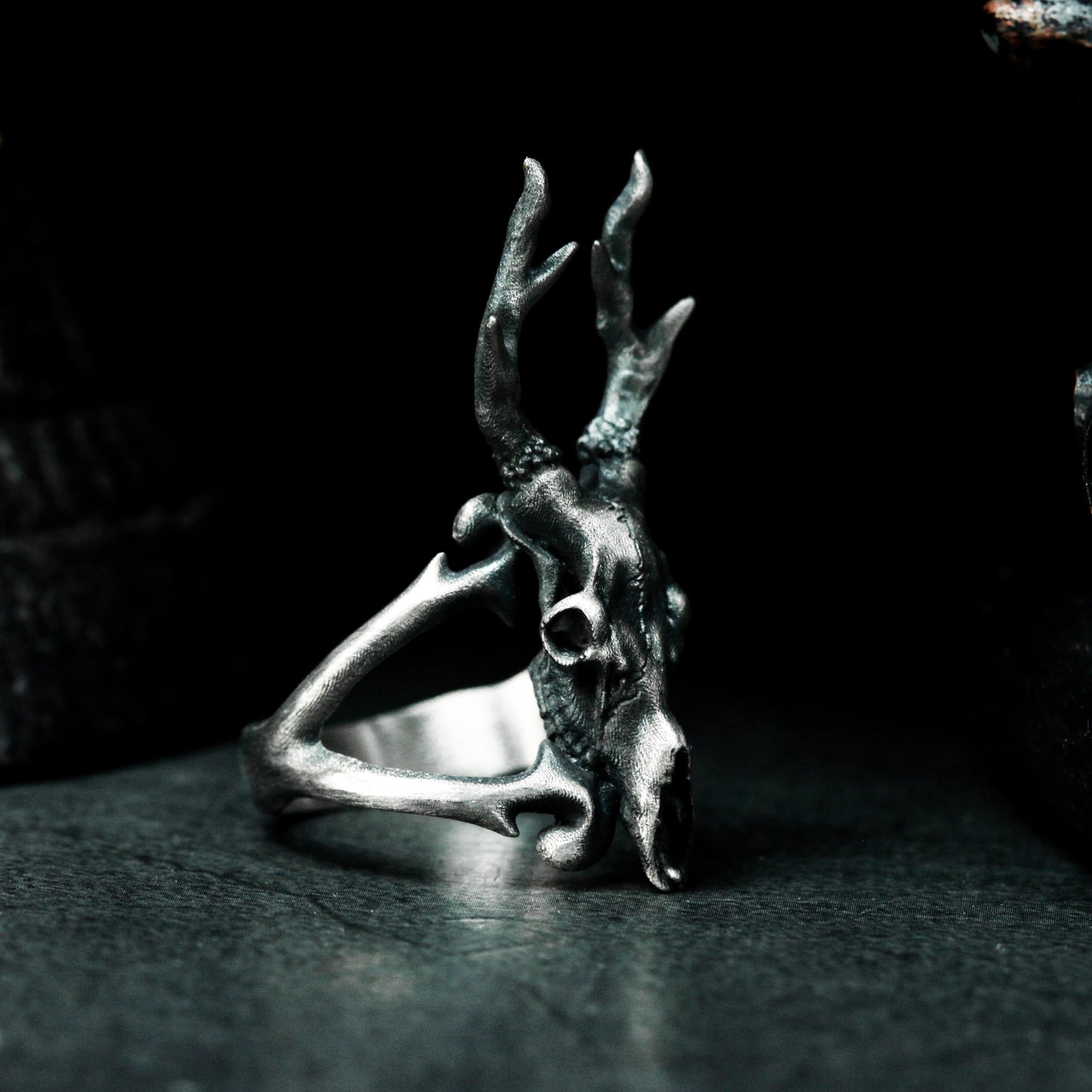 Deer Skull Ring with Antlers ¨C 925 Sterling Silver Handmade