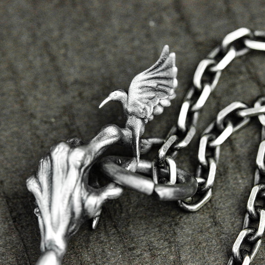Skeleton Hand and Hummingbird Pendant - 925 Sterling Silver Handmade