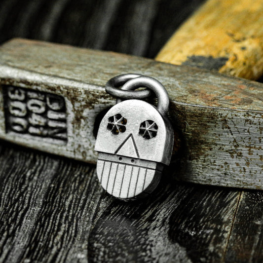 Gear-Eyed Grinning Skull Pendant - 925 Sterling Silver Handmade