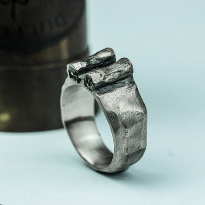 Handcrafted Silver Broken Pillar Ring Warrior Motif