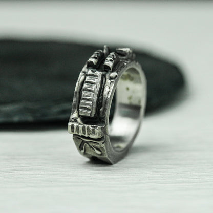 Obsidian Pillar 925 Silver Handmade Ring ¨C Geometric Gothic Statement