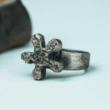 Handcrafted Silver Brutalist Cross Ring