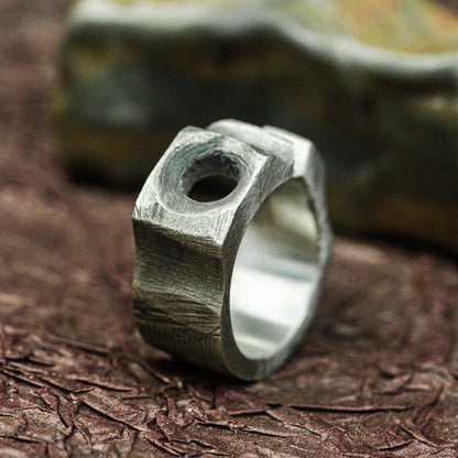 Obsidian Hex 925 Silver Handmade Ring ¨C Geometric Occult Band