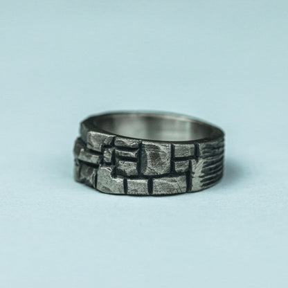 Brickwork 925 Silver Handmade Ring ¨C Industrial Engraved Band