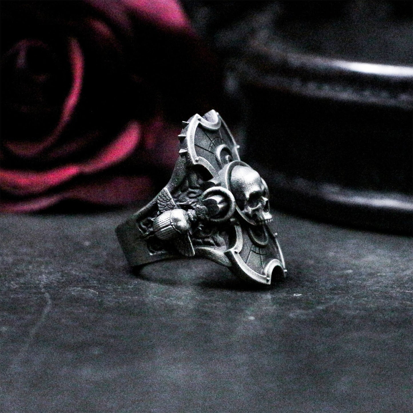 Skull Shield Ring with Gothic Armor Design - 925 Sterling Silver Handmade
