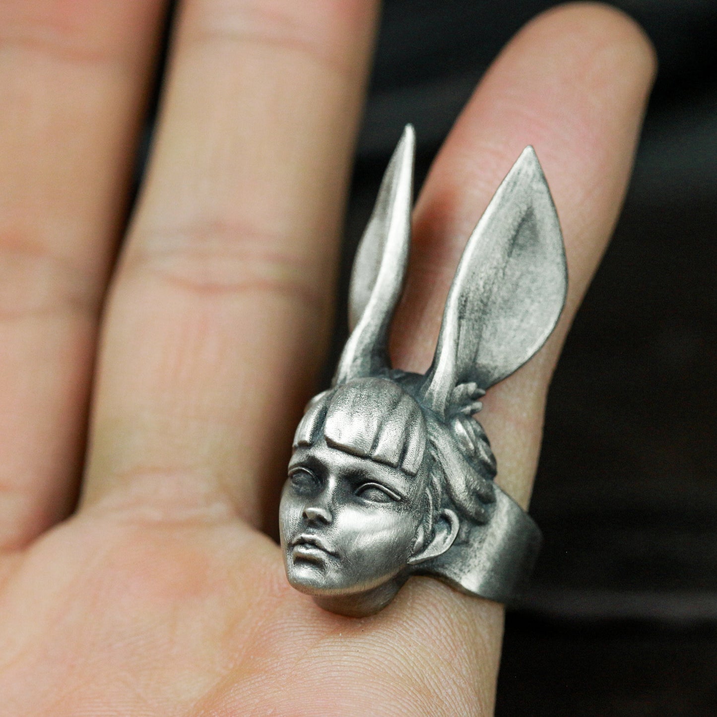 Bunny Girl Ring - 925 Silver Handmade Surreal Portrait