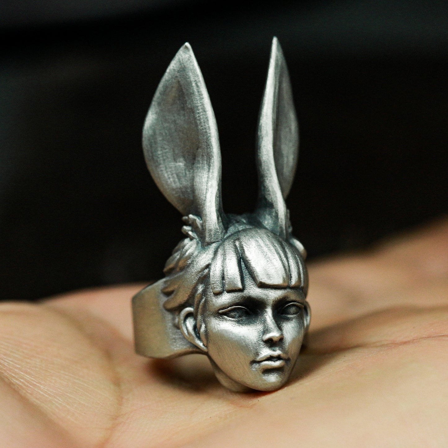 Bunny Girl Ring - 925 Silver Handmade Surreal Portrait