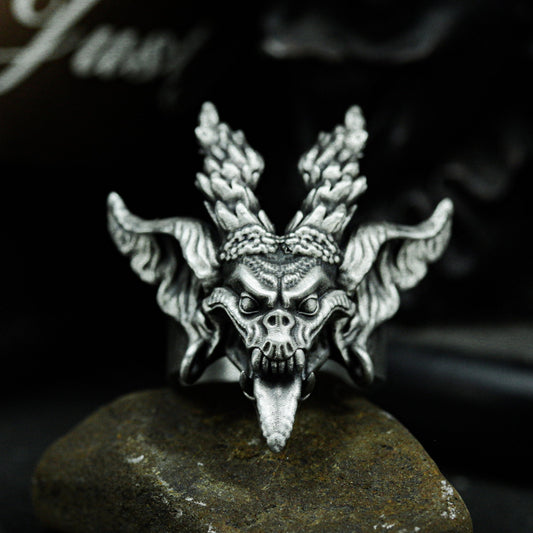 Demon Skull Ring with Dual Horns and Open Jaw ¨C 925 Sterling Silver Handmade