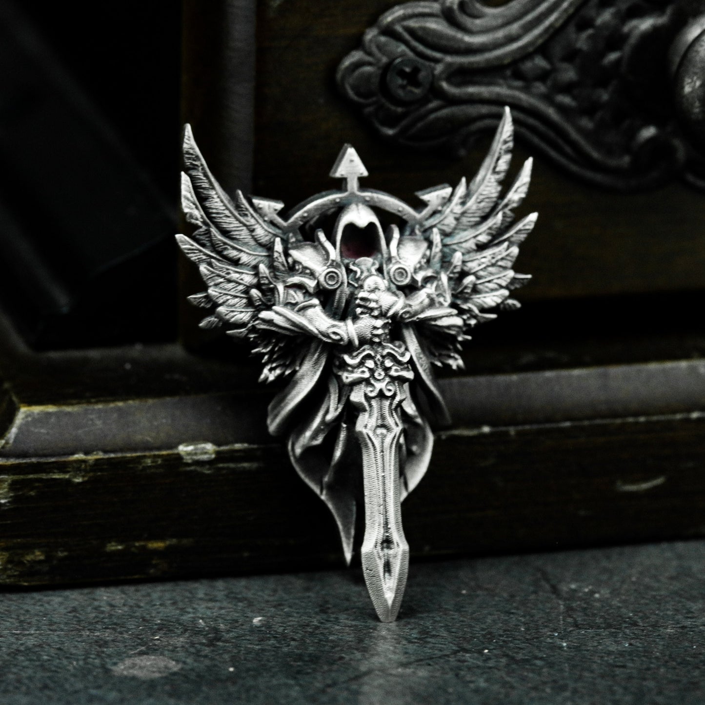 Winged Skull Crown Sword Pendant - 925 Sterling Silver Handmade