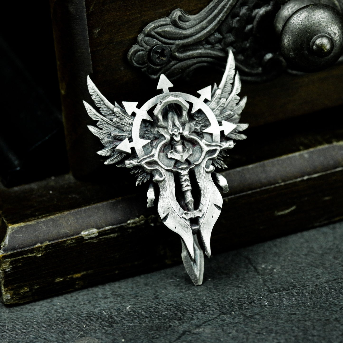 Winged Skull Crown Sword Pendant - 925 Sterling Silver Handmade
