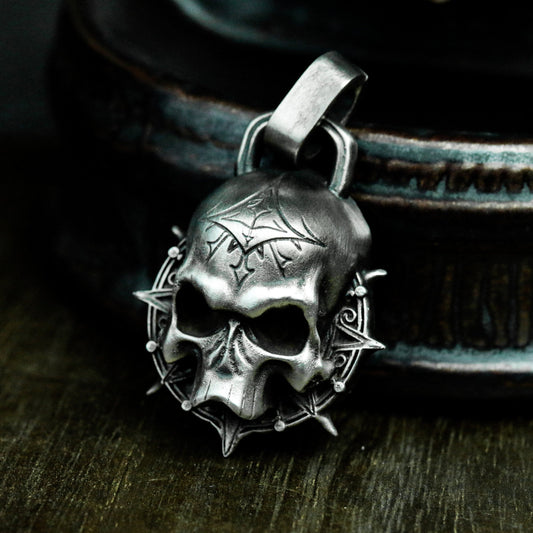 Skull with Spider Web Crown Pendant ¨C 925 Sterling Silver Handmade