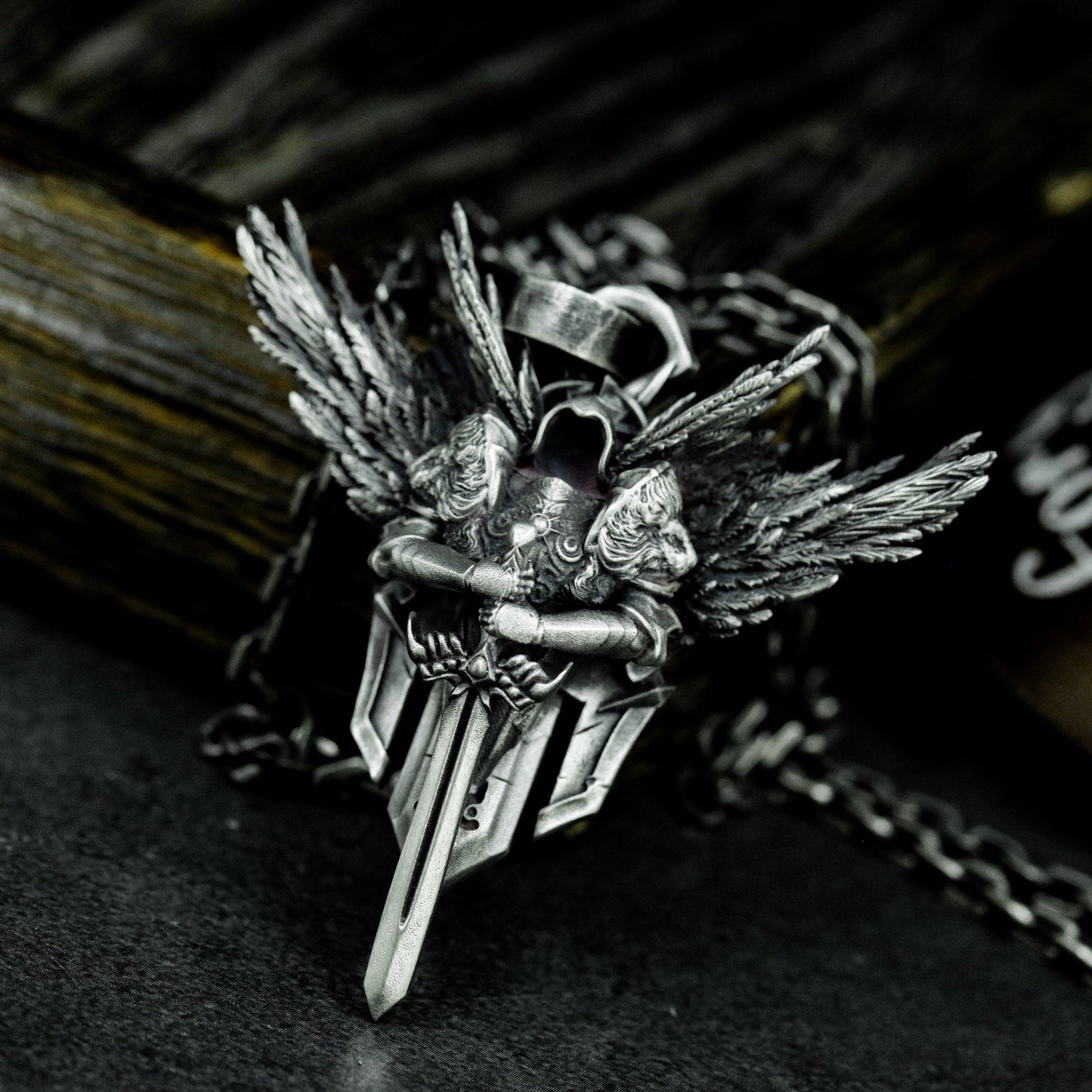 Winged Warrior Pendant with Blade and Shield - 925 Sterling Silver Handmade