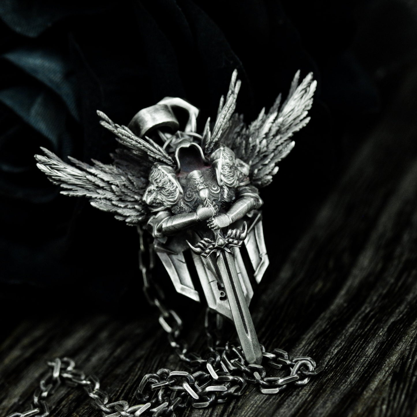 Winged Warrior Pendant with Blade and Shield - 925 Sterling Silver Handmade