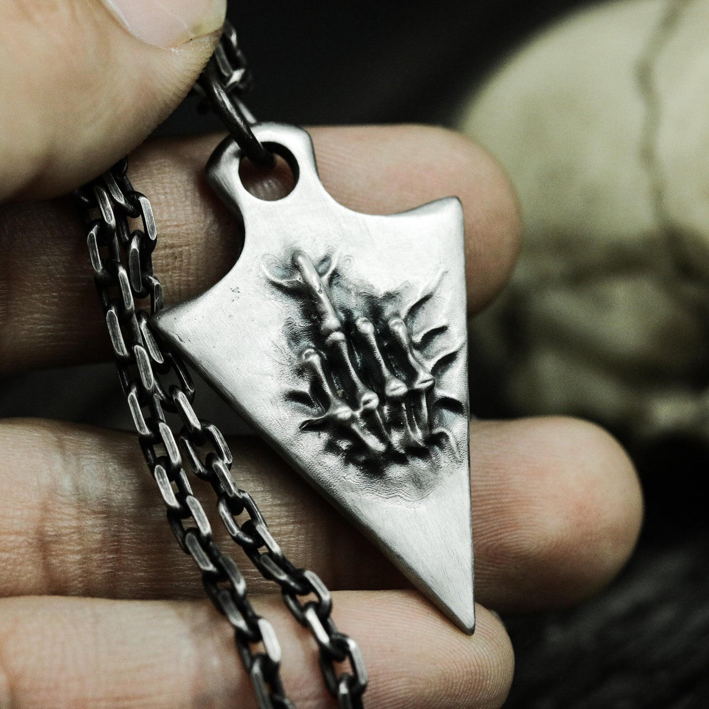 Shield Hand Pendant ¨C Handmade 925 Silver Skeletal Sigil Necklace