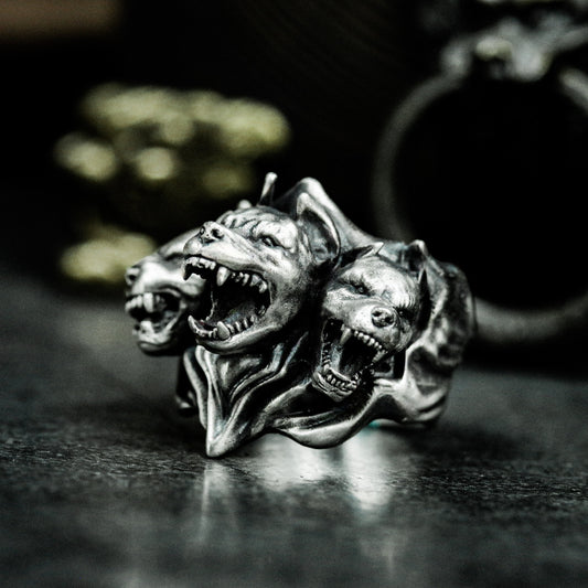 Hyena Trio Ring ¨C Handmade 925 Silver Snarling Pack Band