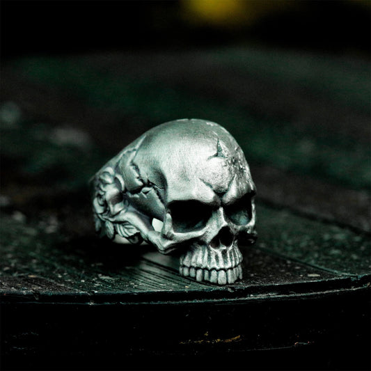Cracked Skull Rose Ring ¨C Handmade 925 Silver Gothic Bone Band