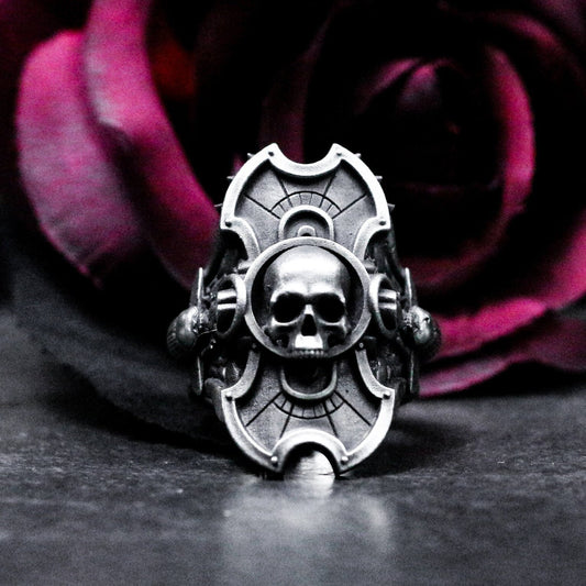 Skull Shield Ring with Gothic Armor Design - 925 Sterling Silver Handmade