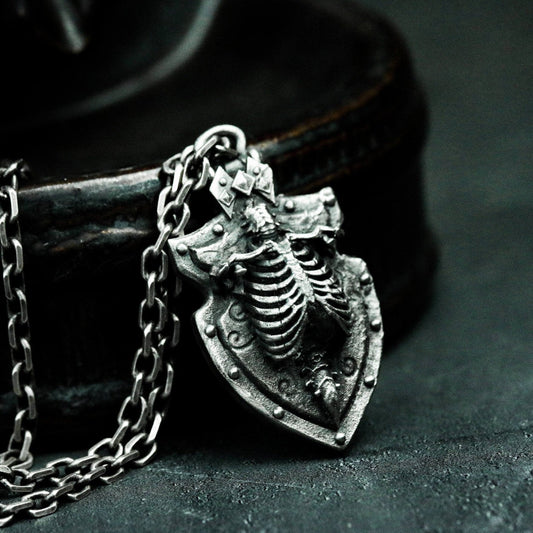 Cemetery Shield Skeleton Pendant - 925 Silver Handmade